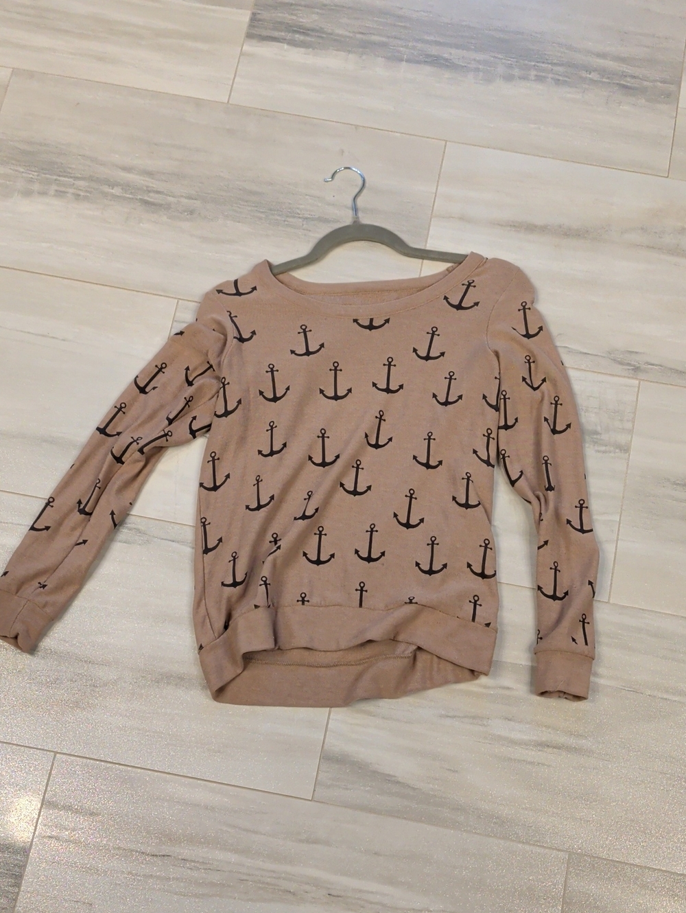 Chaser Taupe Anchor Print Crewneck Sweater Keyhole Back